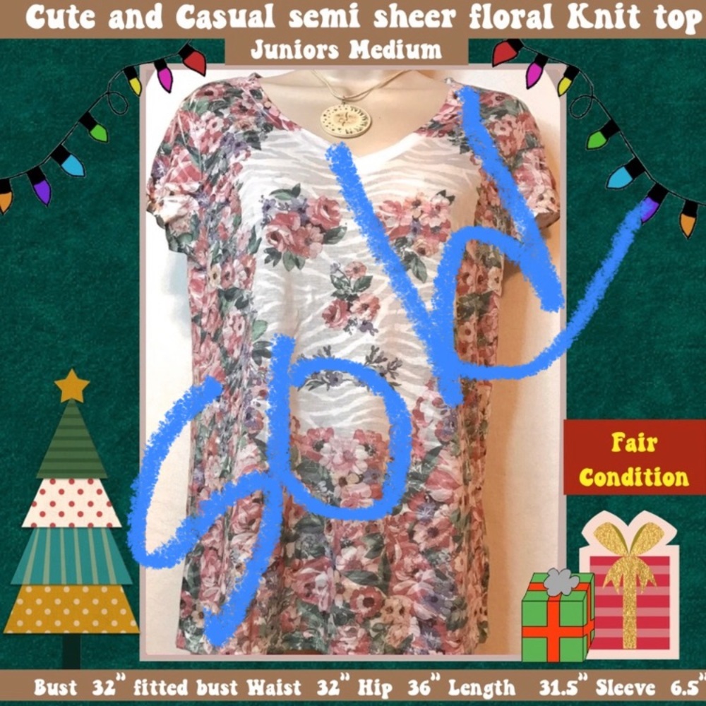 Playful Skull-Floral semi sheer top JRS M (very faint color transfer on white)